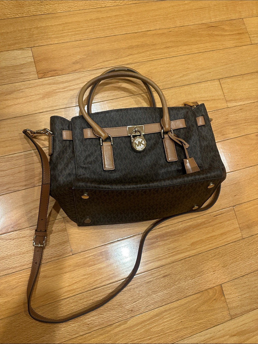 Michael Kors Dark Brown Signature Satchel with Tan Leather Trim